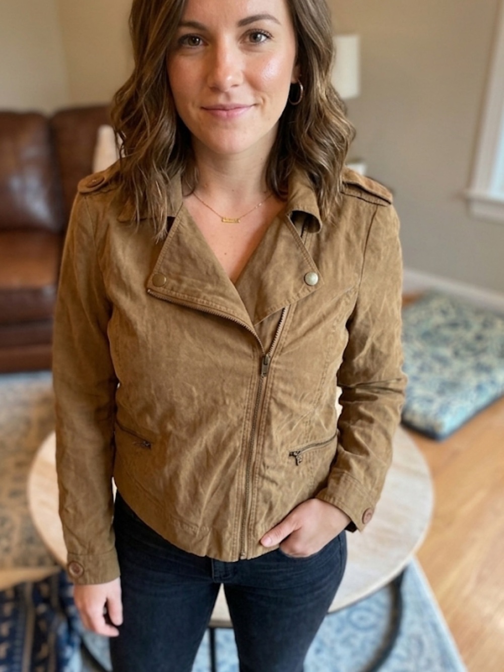 Feline Women's Taupe Faux Suede Moto Jacket EUC small fall biker lined grunge